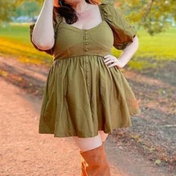 Anthropologie Maeve Puff Sleeve Sweetheart Mini Dress 2X Green Fit Flare Retro - Picture 1 of 7